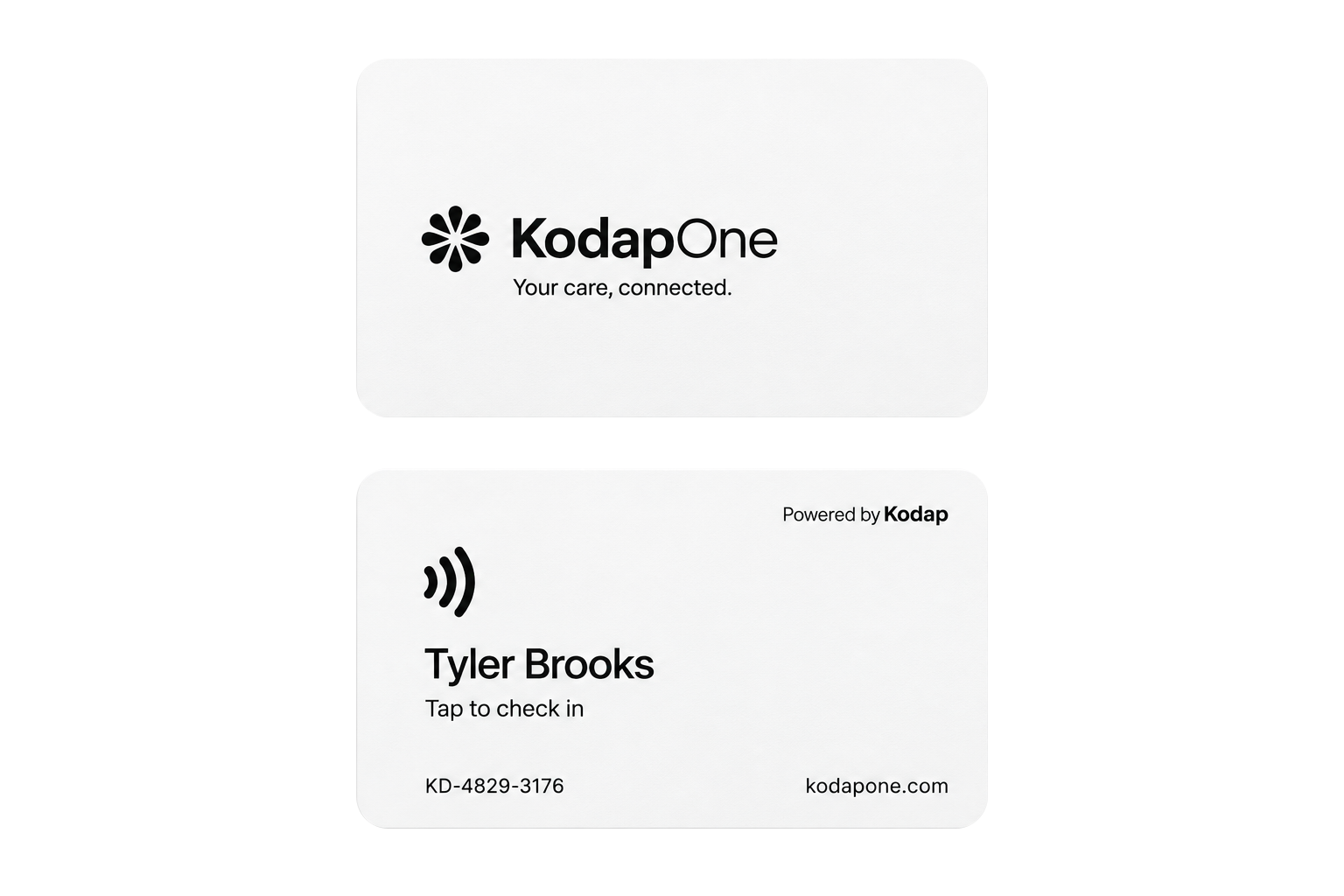 Front of the white KodapOne concept card: Your care, connected.